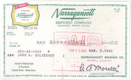 Narragansett Business Check Beer